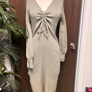 Deep Self Olive Ribbed Ruched Tie Front Midi Sweater Dress